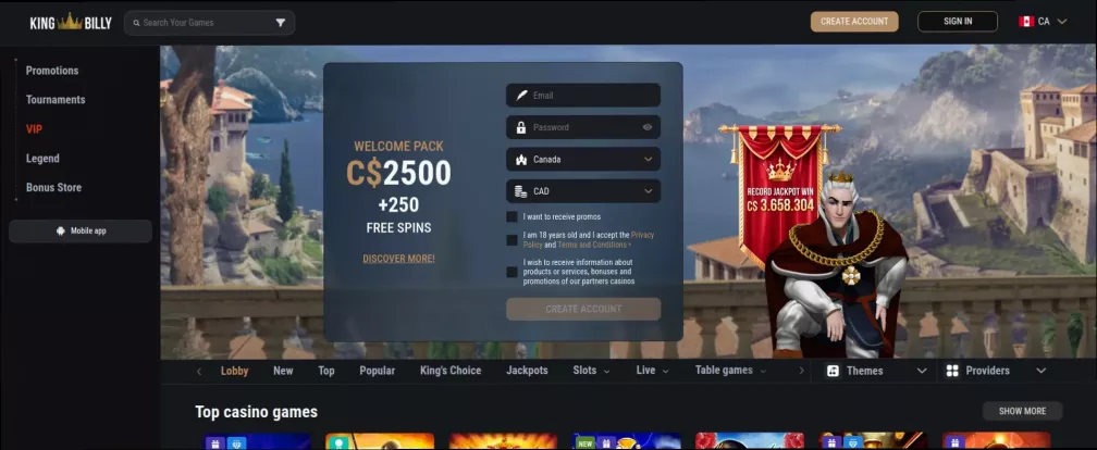 King billy Casino UP TO 2500 CAD +250 Free Spins